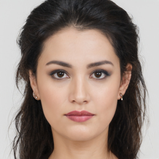 Neutral asian young-adult female with long  brown hair and brown eyes