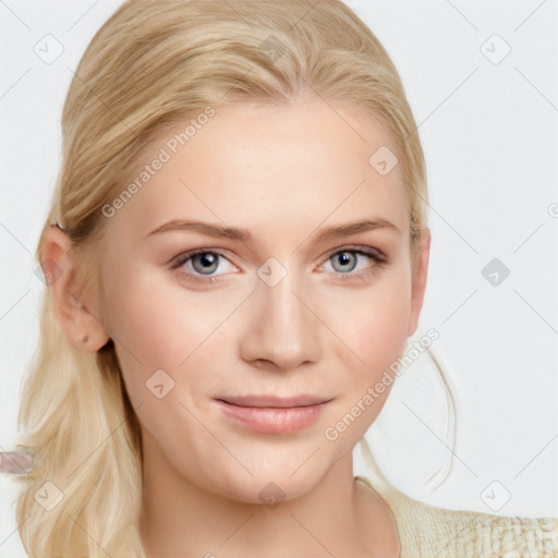 Joyful white young-adult female with medium  brown hair and blue eyes