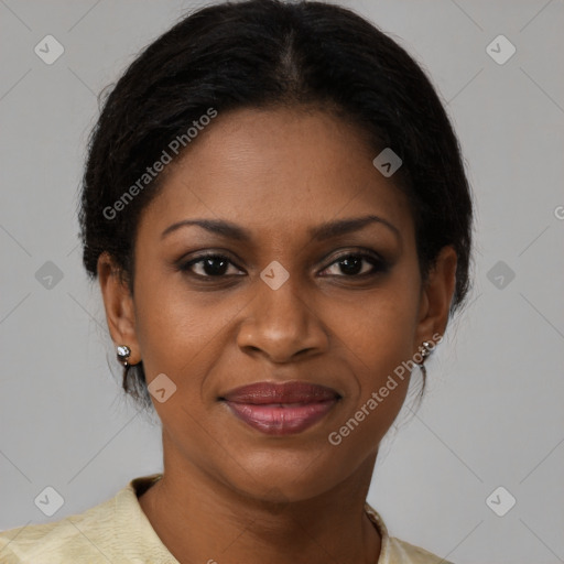 Joyful black young-adult female with medium  brown hair and brown eyes