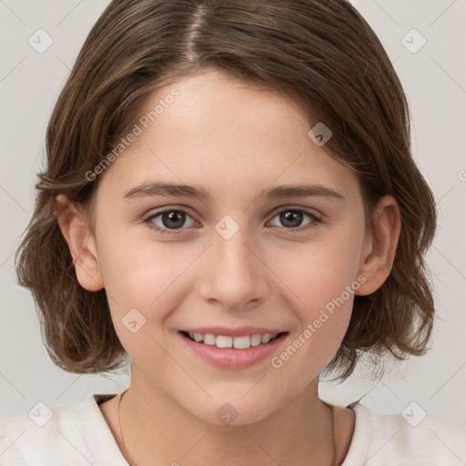 Joyful white child female with medium  brown hair and brown eyes