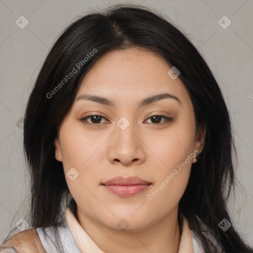 Joyful asian young-adult female with medium  brown hair and brown eyes