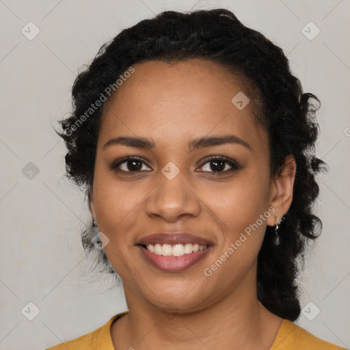 Joyful latino young-adult female with medium  black hair and brown eyes