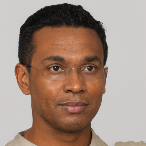 Neutral black adult male with short  black hair and brown eyes