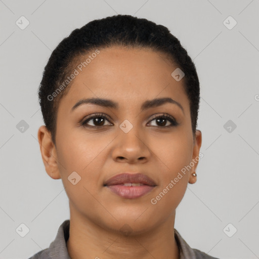 Joyful latino young-adult female with short  black hair and brown eyes