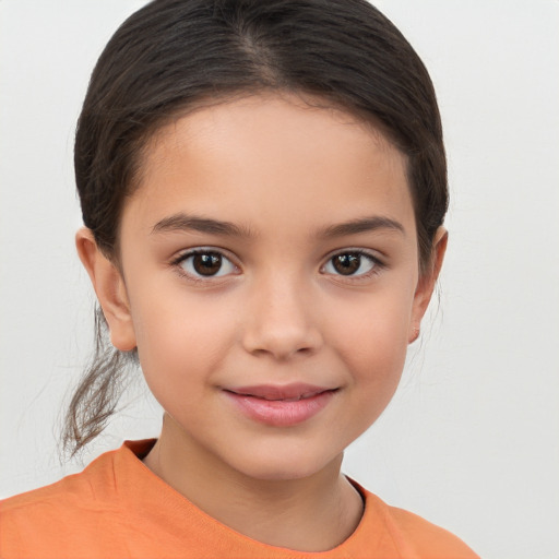 Joyful white child female with medium  brown hair and brown eyes