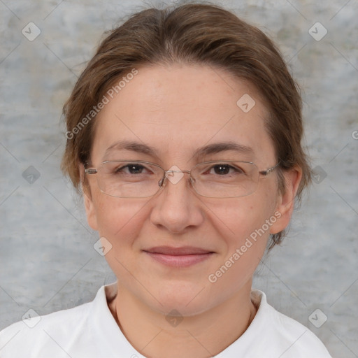 Joyful white adult female with short  brown hair and brown eyes