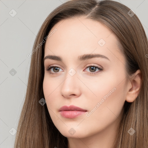 Neutral white young-adult female with long  brown hair and brown eyes