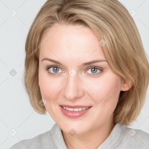 Joyful white young-adult female with medium  brown hair and blue eyes