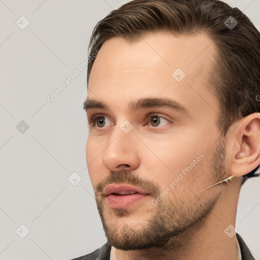 Neutral white young-adult male with short  brown hair and brown eyes