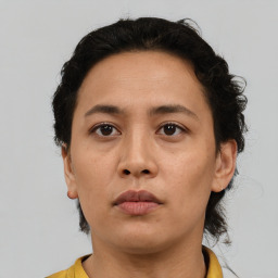 Neutral asian young-adult female with short  brown hair and brown eyes