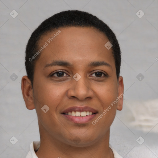 Joyful latino young-adult female with short  brown hair and brown eyes