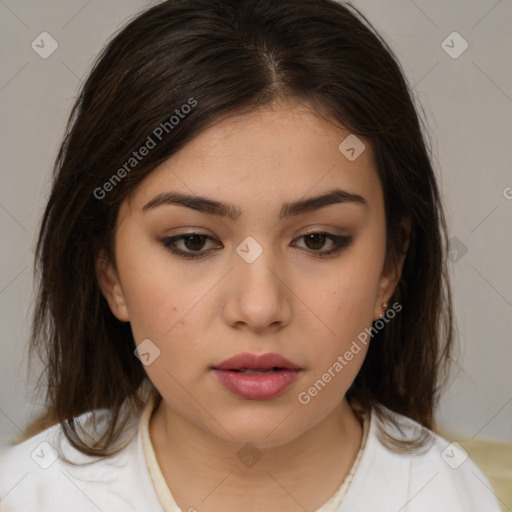 Neutral white young-adult female with medium  brown hair and brown eyes