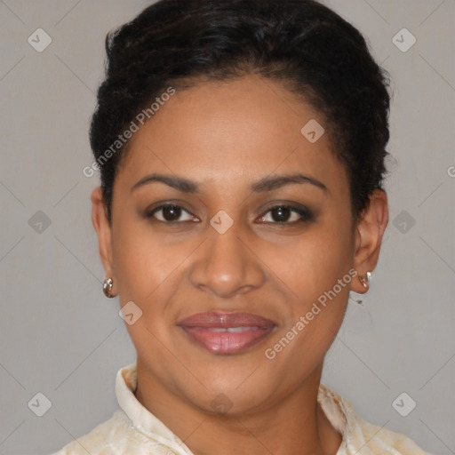 Joyful latino young-adult female with short  brown hair and brown eyes