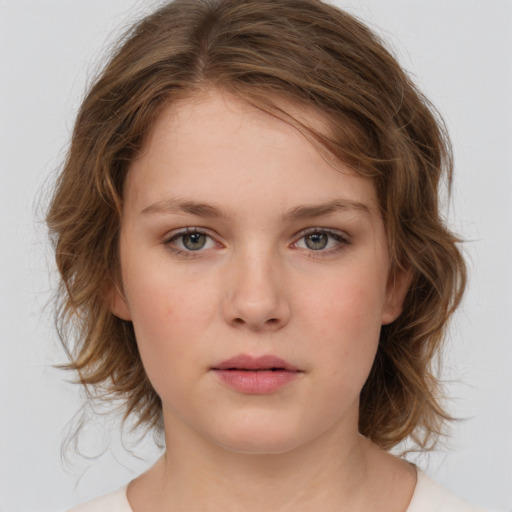 Neutral white young-adult female with medium  brown hair and grey eyes