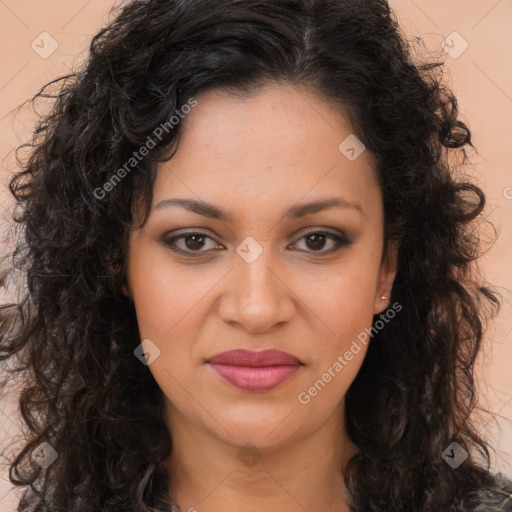 Joyful latino young-adult female with long  brown hair and brown eyes