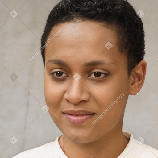 Joyful black young-adult female with short  brown hair and brown eyes