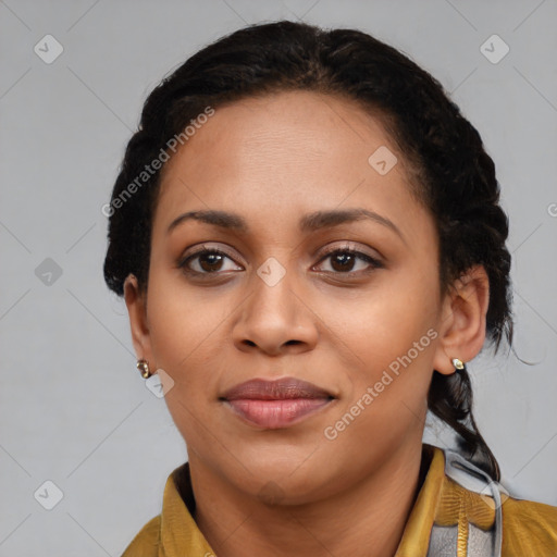 Joyful latino young-adult female with medium  brown hair and brown eyes