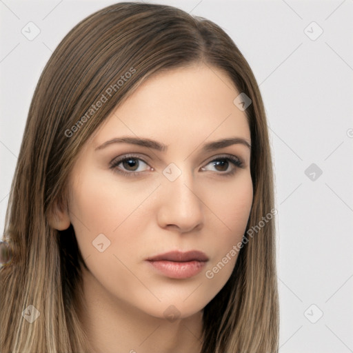 Neutral white young-adult female with long  brown hair and brown eyes