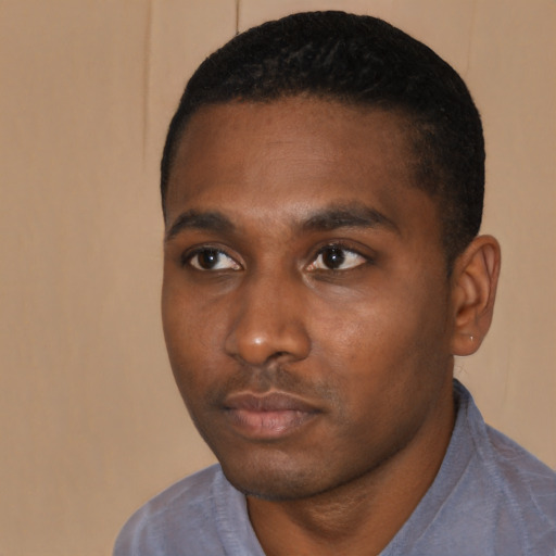Neutral black young-adult male with short  black hair and brown eyes