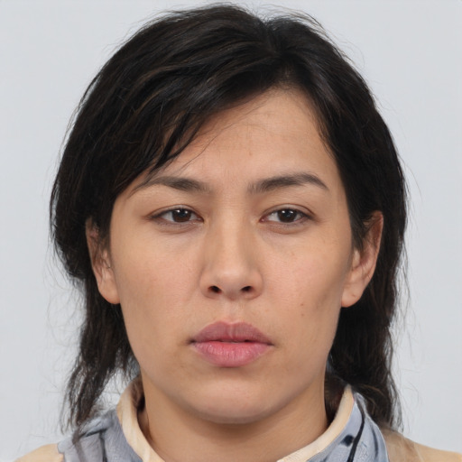 Neutral asian young-adult female with medium  brown hair and brown eyes