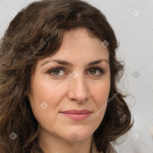 Joyful white young-adult female with medium  brown hair and green eyes