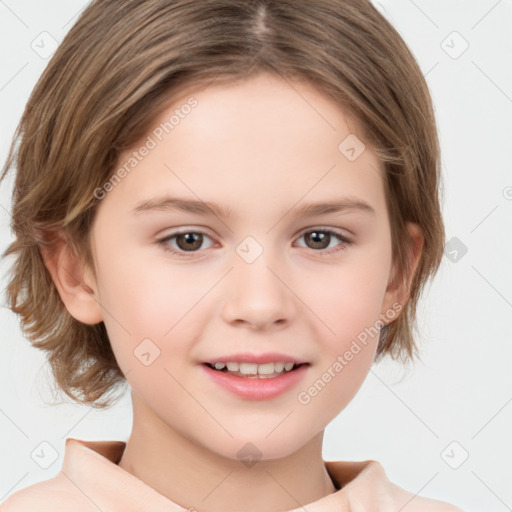 Joyful white child female with medium  brown hair and brown eyes