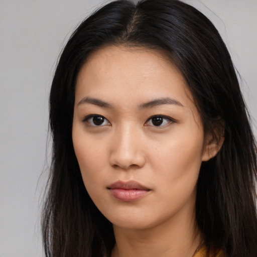 Neutral asian young-adult female with long  black hair and brown eyes