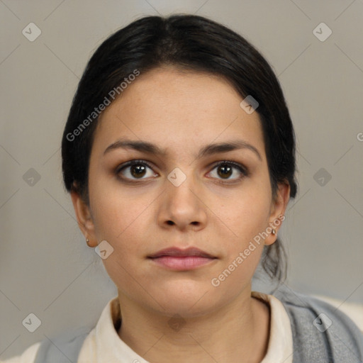 Neutral white young-adult female with short  brown hair and brown eyes