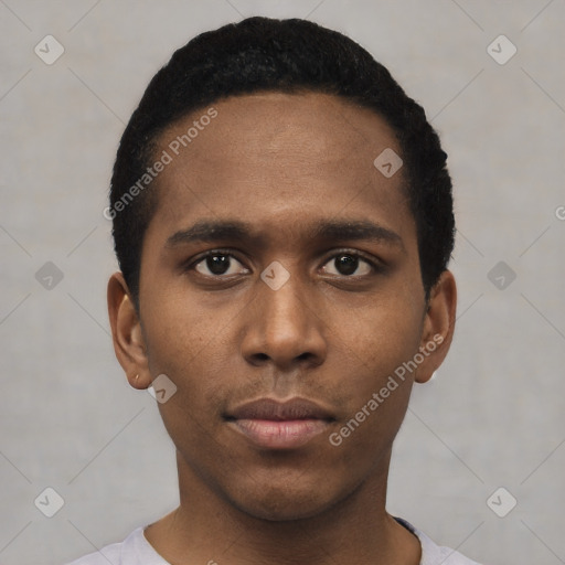 Neutral black young-adult male with short  black hair and brown eyes