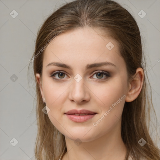 Joyful white young-adult female with long  brown hair and grey eyes