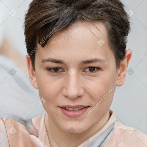 Joyful white young-adult female with short  brown hair and brown eyes