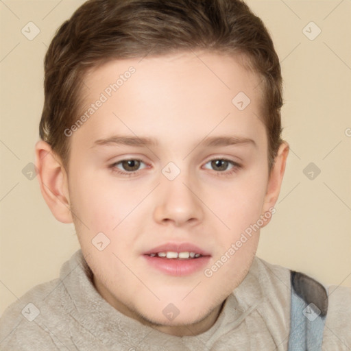 Joyful white child female with short  brown hair and brown eyes