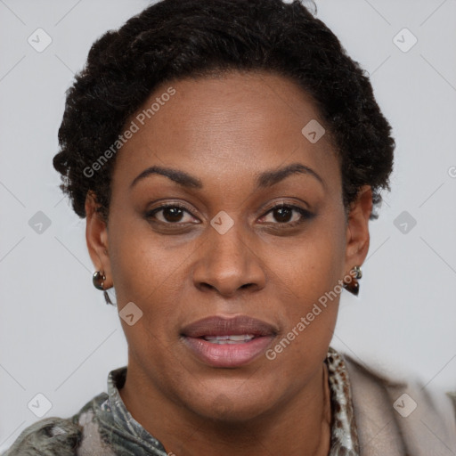 Joyful black adult female with short  black hair and brown eyes