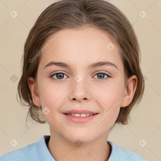 Joyful white child female with medium  brown hair and brown eyes