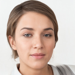 Neutral white young-adult female with short  brown hair and grey eyes