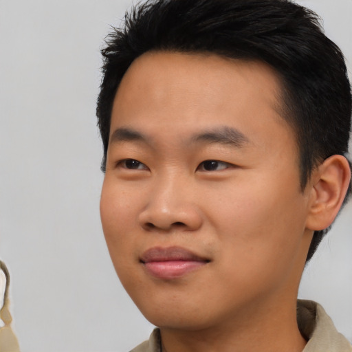 Neutral asian young-adult male with short  black hair and brown eyes