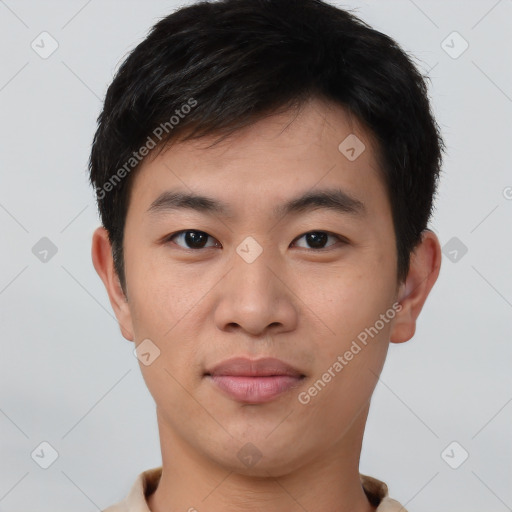 Neutral asian young-adult male with short  brown hair and brown eyes