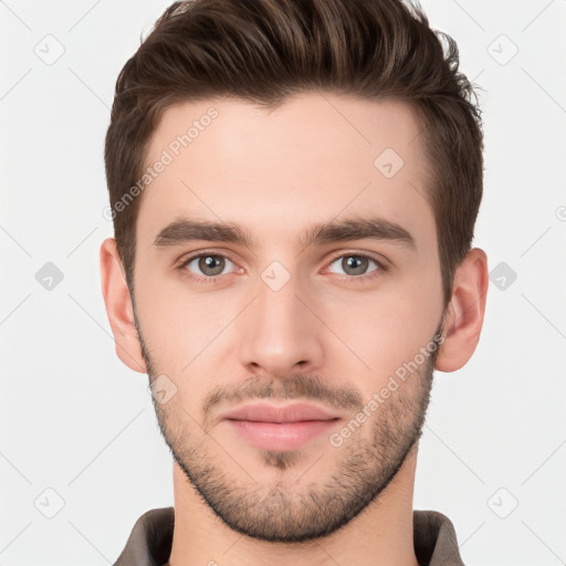 Neutral white young-adult male with short  brown hair and brown eyes