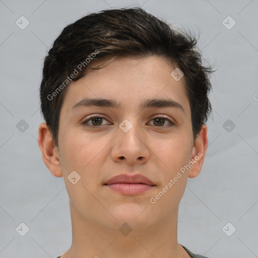 Joyful white young-adult female with short  brown hair and brown eyes