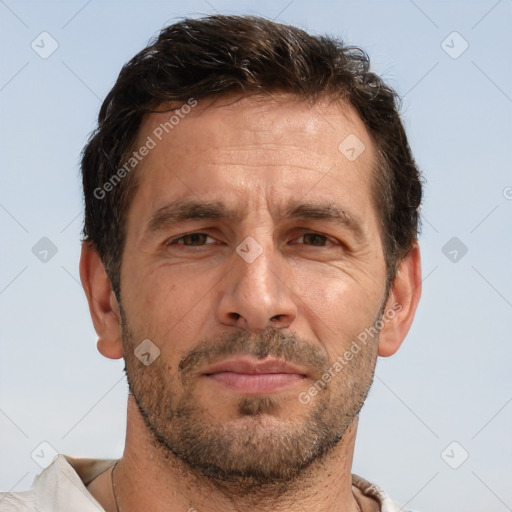 Neutral white adult male with short  brown hair and brown eyes