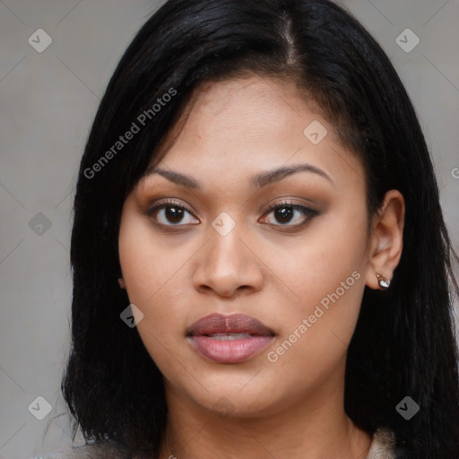 Joyful asian young-adult female with long  black hair and brown eyes