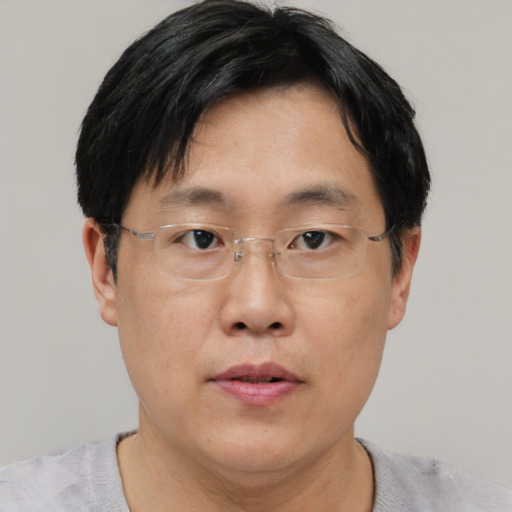 Neutral asian adult male with short  black hair and brown eyes