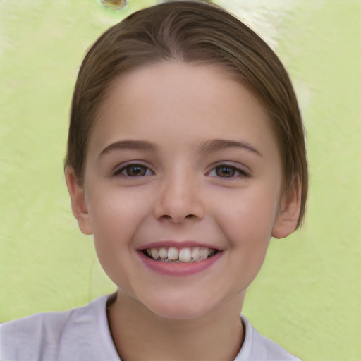 Joyful white child female with short  brown hair and brown eyes