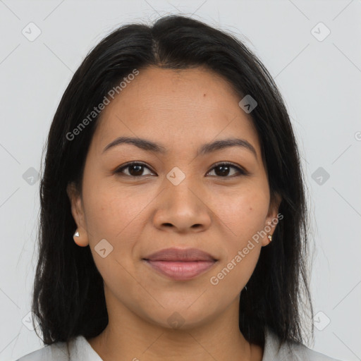 Joyful latino young-adult female with medium  brown hair and brown eyes