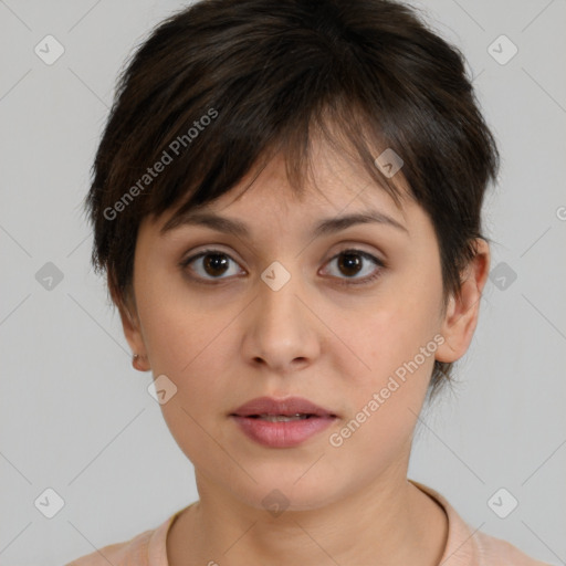 Neutral white young-adult female with short  brown hair and brown eyes