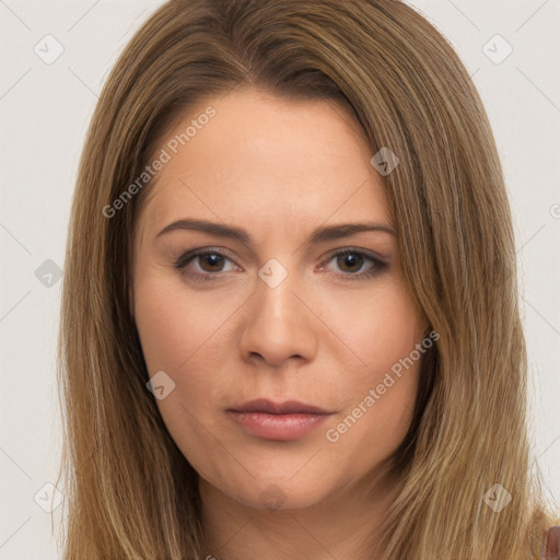 Neutral white young-adult female with long  brown hair and brown eyes