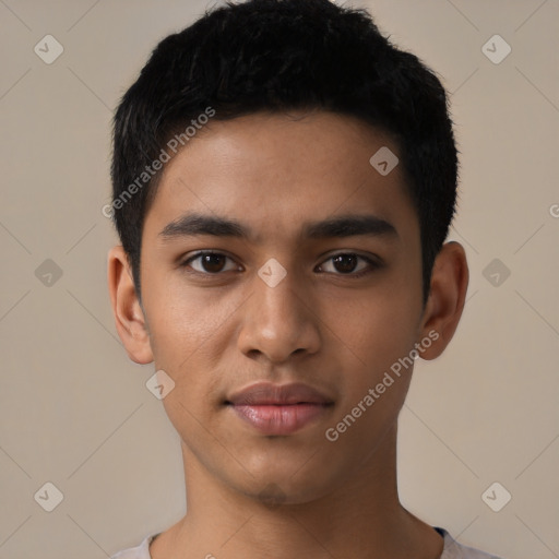 Neutral latino young-adult male with short  black hair and brown eyes
