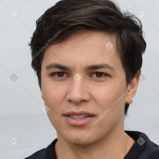 Joyful white young-adult male with short  brown hair and brown eyes