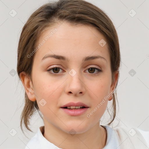 Joyful white child female with medium  brown hair and brown eyes