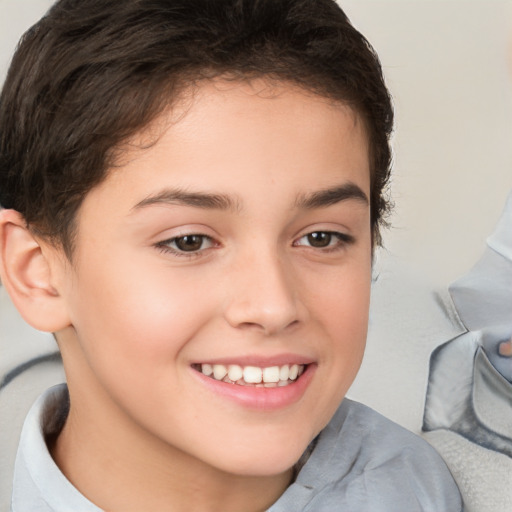 Joyful white child female with short  brown hair and brown eyes